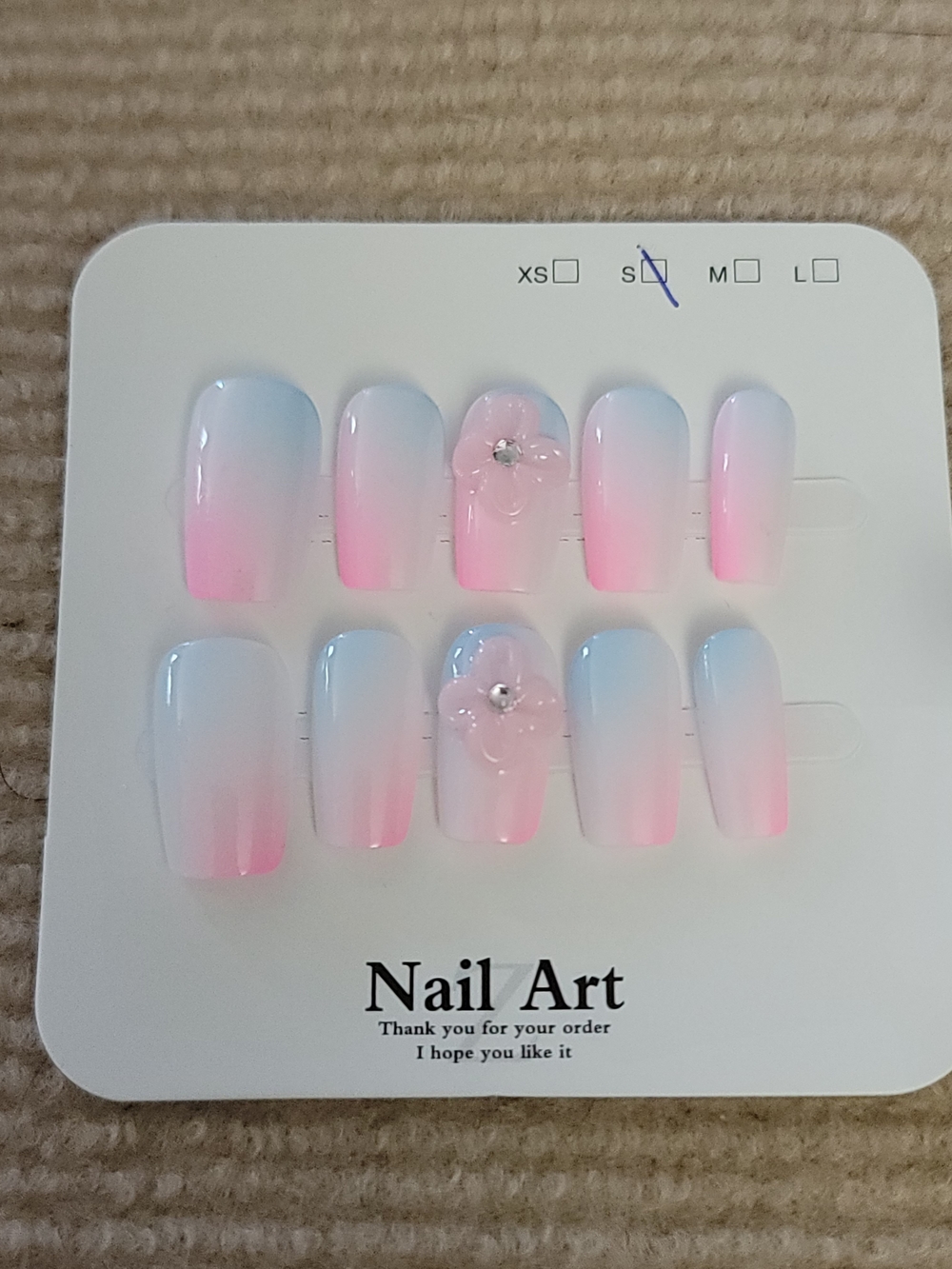 Pastel Pink & Blue Ombre Press-On Nails with Floral Accent